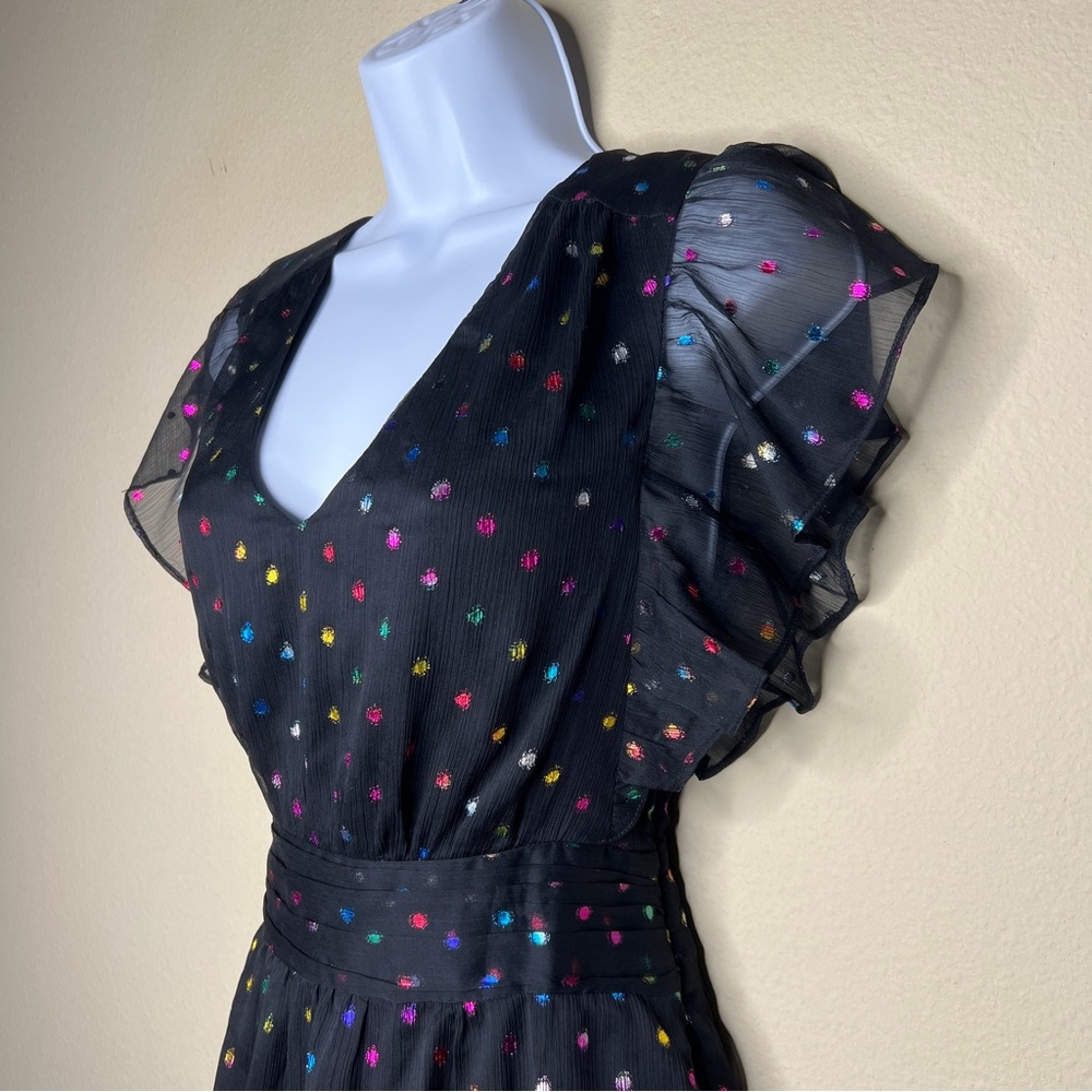 ANTHROPOLOGIE / ALI & JAY Black Ruffle Mini Metallic Polka Dot Dress - Sz S - Picture 8 of 14